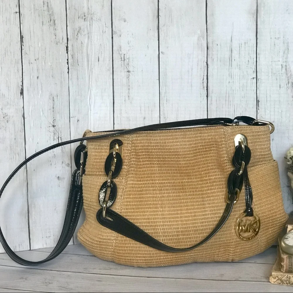 Michael Kors Raffia Textile and Leather Hobo Bag